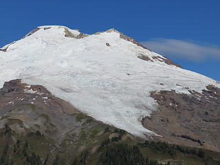 Receding Easton (center) and Squak Glaciers(right)  from Park Butte. [url=https://mbvrc.wordpress.com/baker-facts/1912-2012-historic-photos-document-100-years-of-changes-at-mount-baker/]compare 1912[/url]. Portions of Deming  (far left) and Talum  (far right) also show. From Park Butte.