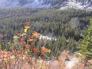 Heading to the Pass and looking down at Chatter Creek Basin with snow