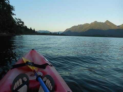 kayaking on Lake Quinault, Colonel Bob in the background