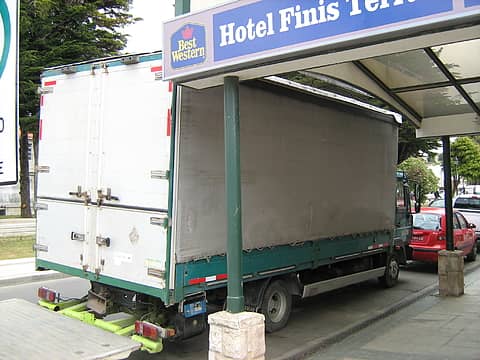 Truck in front of our hotel in Punta Arenas, loaded with group gear.