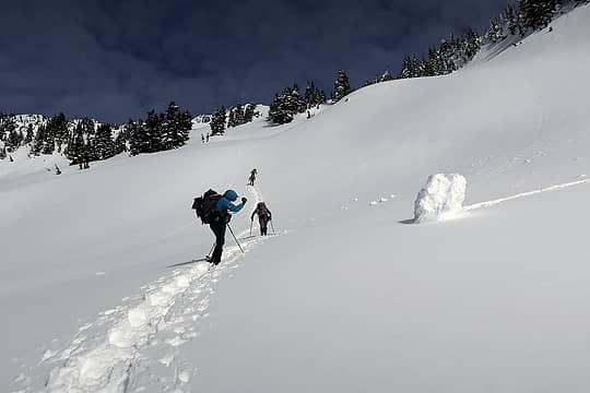 Hiking past a single piece of cornice that fell at an earlier time