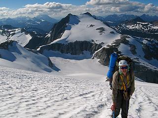 Paul ascending the Challenger Glacier, with Perfect Pass & Whatcom Peak (being poked by Slesse)