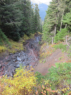 View down Kulshan Creek.  This shows the lava flow, much less eroded than upstream.