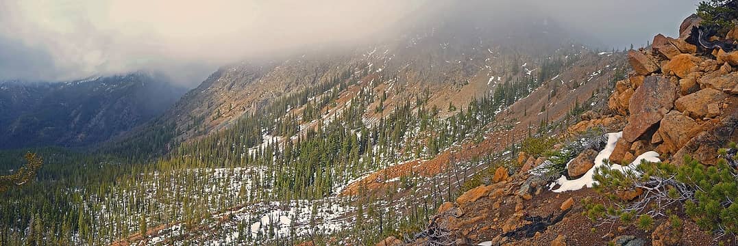 The Iron Peak trail climbs up this valley from left to right. At the upper right is the Iron Peak pass and Teanaway Peak is lost in the clouds.