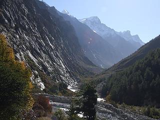 Bhagirathi valley  trail along cliff base at left