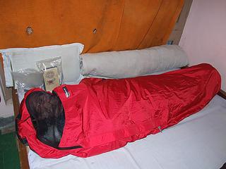 Kim sealed up inside his bivy sack in our hotel room in Rana Chatti