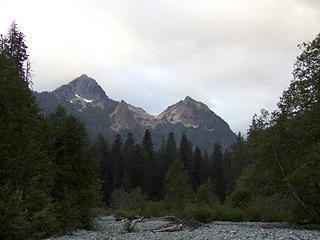 Silvertip left, Peak 5630 from river crossing