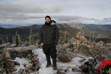 Tanner on the summit of Sherman Peak, elevation 6,998.' Kettle River Range, Washington.