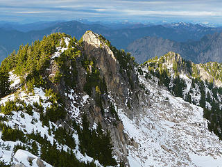 Looking back at the false summit and other gendarmes along Preacher Mountain's north ridge
