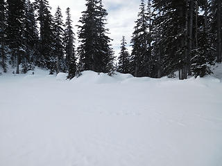 The Mason Lake outlet was completely covered by deep snow.  No sign or sound of water.