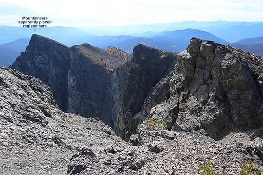 Looking south along our exit, with steep east faces of the ridge