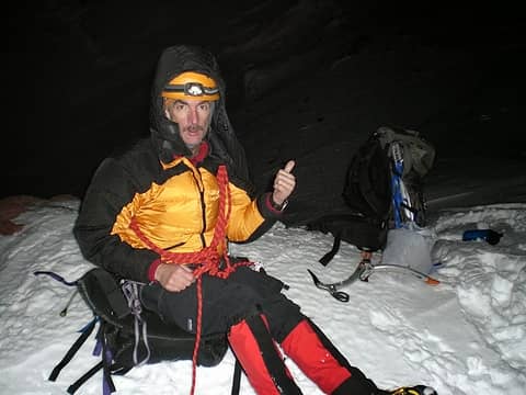 Franklin sits out a cold night on a winter ascent of Rainier.
