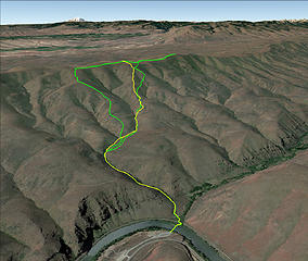 Green is our GPS track, yellow is the trail route when not covered in snow