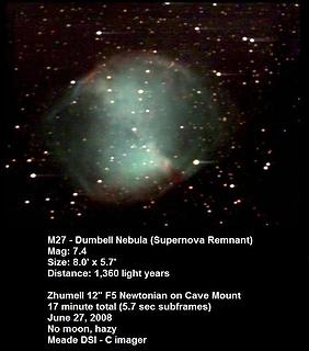 M27 with the yard cannon. This 'planetary' nebula (named for their round shape) is the brightest in the sky, even visible in binoculars.