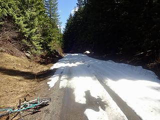 The snow patch where I got stuck. 50' more and I would have made it. There were no more snow patches for three miles after this. Onward for an 18-mile bike ride.