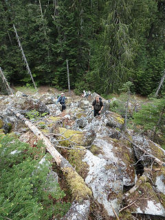 Ascending one of several boulder slopes
