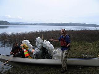 Billy Reamer and John Bridge.  Unsure how they and the photographer (Melissa Reamer) are going to fit in the boat with all our marine debris for the paddle back to camp.
