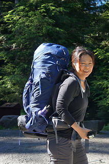 Shan Shan at the trailhead with her new Gregory Deva 70 so that we can carry all our gear!
