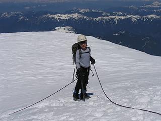 Aidan on the warm trudge across the summit plateau