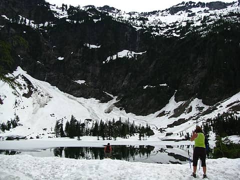 Hikers and Heather Lake