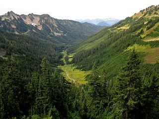 Looking down the North Fork Skykomish headwaters, with the traverse from June Mountain at upper right