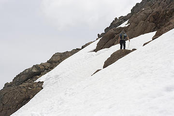 Traversing the steep snowfield to Fortune Peak
