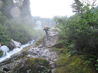 Jake coming down the waterfall slabs
