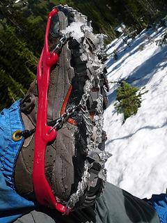 Kahtoola microspikes in use on avalanche chute east of Slate Peak, Washington in Pasayten Wilderness