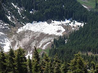 Avalanche debris covering meadow above Snowy Creek on the west side of Rock Mtn