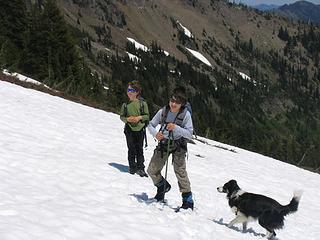Climbing snow slopes to the ridge above Rock Lake