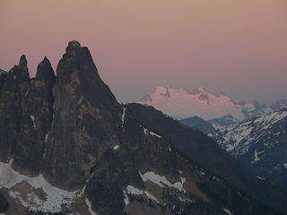 The Liberty Bell with alpenglow on Dome Peak behind