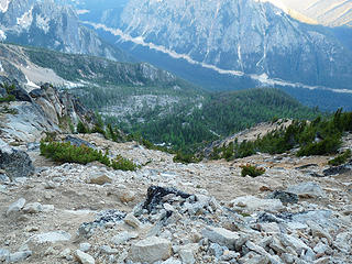 Looking down a section of gully towards Rt. 20, the camp at 6400' can be seen to the right.