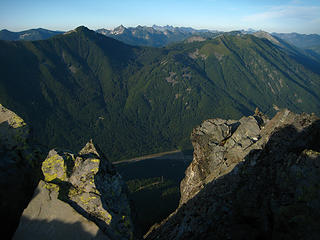 Looking N across I90 with Defiance on the left and Bandera to the right. Lonely summit cairn on the right.