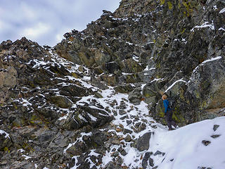 Jake working up a ramp near the summit of 7FJ