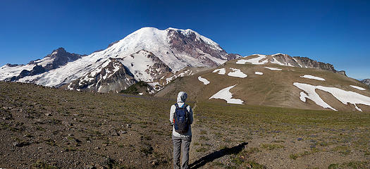 Nicole takes in Mt. Rainier and our path up the Third Burroughs.