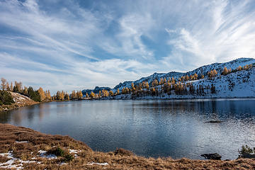 larches lining the lake