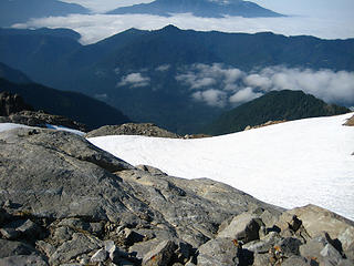 Looking down snowfield below the summit block