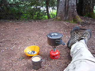 Wild Blueberry oatmeat breakfast w/ coffee.  Falls Camp, Gray Wolf River Valley,  Olympic National Park, Washington.
