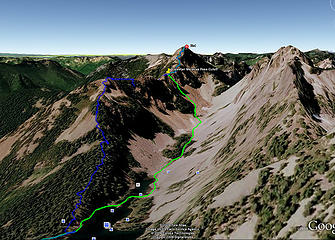 This shows the route up and down to Kaleetan from Lake Melakwa.  Blue is up and Green is down.