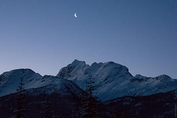 Early morning views of Joffre Peak and the crescent moon