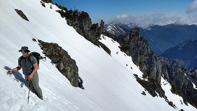 Finally getting off the steep snow, close to the top