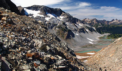 Upper Lyman Lakes from Spider Gap at 7100 ft with views of Plummer Mountain, Sitting Bull Mountain, and the very top of Mount Baker