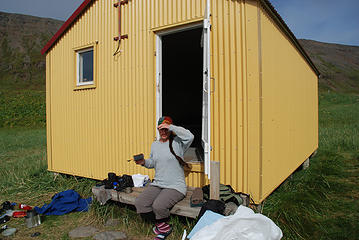 Coffee in hand. Thankfully, the six people stuck in the hut had enough food when it was all pooled together. Pic by D.