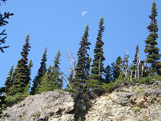 Moon above cliffs nearing Marmot Pass.