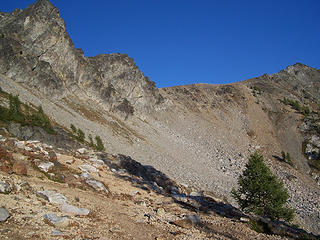Looking up at second saddle above Ice Lakes.