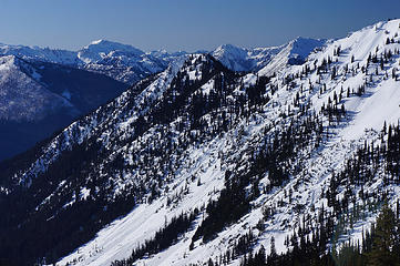 View West towards Mac (the leftmost big mountain), Terrace, and Thor (just left of Frosty)