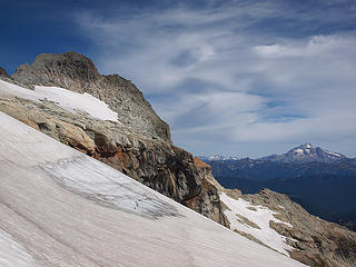 Looking Back to Summit Block and Glacier Peak from Pass on South Shoulder of Kyes