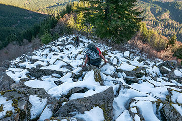 Descending the talus field just above Absolute Last Promontory