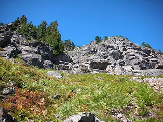 Looking up at the gully to climb Russian Butte