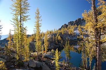 Campsite with larches and lake